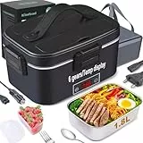 Kimfead Elektrische Lunchbox mit Anzeige Temperatur Lunch Box Elektrisch 100W Electric Lunch Box 1.8L 12V/24V/230V mit Grau Tasche/Besteck, für Auto/Lkw/Büro(Temp-Anzeige Schwarz)