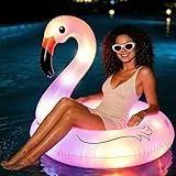 NMM Aufblasbare Flamingo Schwimmring mit Fernbedienung und LED Farbwechsel Licht, Großer Flamingo Pool Luftmatratze, Solarbetriebener Schwimmring, Aufblasbare Pool Spielzeug für Erwachsene & Kinder
