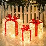 GlobaLink LED Geschenkboxen Weihnachten 3er, Weihnachtsdeko mit Beleuchtung Weihnachts Deko Boxen mit Timer 8 Modi Warmweiß Beleuchtete Weihnachten Deko für Innen, Weihnachtsbaum, Strombetrieben