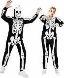 Evolyline Halloween Skelett Jumpsuit Unisex mit Kapuze Onesie Gruselig Kostüm Overall für Damen Herren Einteile Erwachsene Schlafanzug Männer Frauen Cosplay, Karneval