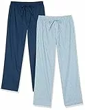 Amazon Essentials Herren Schlafanzughose aus Baumwollpopeline in voller Länge, 2er-Pack, Blau Geometrisches Muster/Indigo, L