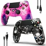 2er-Pack Kabelloser Controller für PS4, Multi-Plattform Controller kompatibel mit PS4/Pro/Slim/PC/iOS/Android/MacOS, mit Dual-Vibration/3,5-mm-Audio-Buchse/empfindlichem Touchpad (Rosa & Schädel)