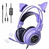Somic G951S Violett Gaming Headset mit Mikrofon, Mädchen, Frauen Abnehmbarer Cat-Ear-Kopfhörer mit Lautstärkeregler für Xbox One, PS4, Smartphone- 3,5-mm-Buchse