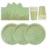 72 Stück Geburtstag Party Geschirr Set,Salbeigrün Gold Geburtstag Party Geschirr Becher Serviette Pappteller Set,für Mädchen Kinder Tischdekoration-24 Gäste