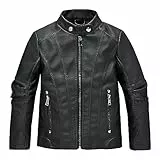linboo Lederjacke Kinder Bomberjacke Jungen Mädchen Motorradjacke mit Stehkragen Blouson Frühling Herbst Kunstlederjacke, Schwarz 01, 158