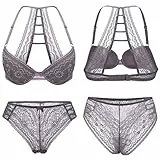 Orbescl Damen Fach BH Zweiteilige Tiefer V-Ausschnitt Leichte Glamouröse Unterwäsche Lingerie Set, Grau-b, 85C
