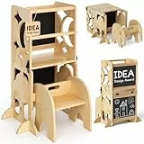 COSYLAND 4-in-1 Kleinkind-Küchenhocker-Helfer mit Sicherheitsschiene – Faltbarer Kleinkind-Stehturm mit Doppeltafel, Kinder-Lernschreibtisch und Stuhl-Set, Natur
