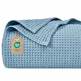 PHF 100% Baumwolle waffledecke Kuschedecke 150x200cm, leicht & atmungsaktiv, perfekt für das ganze Jahr - Oeko-TEX® Zertifiziert - Hotelwäschequalität - Ideal für Sofa Couch Bett, Staubiges Blau