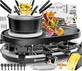 KESSER® 3in1 Raclette-Grill mit Naturgrillstein, Grillplatte und Fondue, Tischgrill für 8 Personen, Elektrogrill Raclette Grill antihaftbeschichteter Grillplatte, 8 Pfannen und Holzspatel