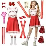 JONRRYIN Cheerleader Kostüm Kinder, Cheerleader Outfit Mädchen, Cheerleading Uniform Kleid mit Strümpfen Pompons Jubelstäbe, Kinder Faschingskostüm für Karneval Fasching Mottoparty (Rot, 130cm)