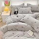Nayoroom Bettwäsche 135x200 Grau Kariet mit Schwarz Herzen Schleifen Mädchen Bettbezug Set 2teilig Aesthetic Cute Renforce Mikrofaser Modern Bettwäsche-Sets und Kissenbezug 80x80 mit Reißverschluss