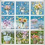 WD&CD 9 Blätter Fensterbilder Frühling Deko Selbstklebend,Blumen Fensterbilder Schmetterlinge mit Blüten Motiv Fenstersticker Fensterfolie Wiederverwendbar für Fensterdeko-03