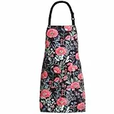 XIEJINJIA Verstellbare Schürze Wasserfest Canvas Kochschürze mit 2 Tasche Lange Bänder für Küche Kochen Backen (Schwarz mit Rot Blumenmustern)