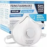 HELDENWERK® FFP3 Maske mit Ventil – 5er, 10er oder 20er Set – Atemschutzmaske/Staubschutzmaske zertifiziert Ausatemventil – Staubschutzmasken mit verstellbaren Hinterkopfband (5er Pack)