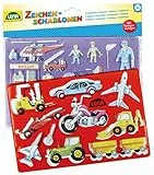 Lena 65773 - Zeichenschablonen Set Fahrzeuge und Menschen, mit 2 Schablonen mit Fahrzeug- und Personenmotiven und zugehörige Farbvorlagen, Malschablonen ca. 26 x 19 cm, Malset für Kinder ab 3 Jahre