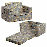 BEJOY Kids Sofa Bed 2-in-1 Flip Out Cuddly Toddler Chair Convertible Sofa zu Lounger Kindersofa Bett Kindertag und Geburtstag Geschenk für Mädchen Jungen, Grau mit Engineering Fahrzeuge