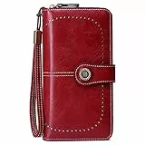 FORRICA Geldbörse Damen Portemonnaie Reißverschluss RFID Schutz Groß Geldbeutel PU Leder Frauen Lange Brieftasche mit Viele Fächer Armband Rot