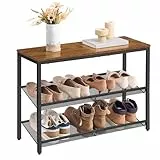 VASAGLE Schuhregal, Schuhablage, 3 Ebenen, große Oberfläche, verstellbare Gitterablagen, platzsparend für Eingangsbereich Flur, Metall, Industrie-Stil, vintagebraun-tintenschwarz LBS043KD01