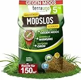TerraUno Rasendünger Herbst Mooslos Glücklich, Moosfrei in 3 Tagen, 5 kg für 150 m², Eisendünger gegen Moos, extrafeines Granulat, Herbstdünger Rasen, Dünger für den Streuwagen