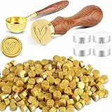 Foonii 200 Stück Siegelwachs Perlen Set Wachssiegel Stempel mit 1 Siegelstempel, 1 Schmelzlöffel, 4 Teelichte | Siegellack Perlen Set für Umschlag/Einladungen/Karten/Geschenk (Herz,Gold)