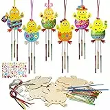 WEDNOK 6tlg Osterküken Windspiel Bastelset Ostern Basteln Holz Küken Osterbasteln Kinder Klangspiele Bastelhandwerk zum Bemalen und Dekorieren für Osterdeko Frühling Mädchen Junge