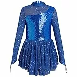 FYMNSI Eiskunstlaufkleid für Mädchen, glitzernde Strasssteine, langärmelig, Netzstoff, Tüll, Rock, Turnanzug, Gymnastik, Ballett, Tanzkleidung, königsblau, 9-10 Jahre