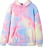 Haloumoning Kapuzenpullover Kinder Teddy Fleece Hoodie Tie Dye Warm Sherpa Sweatershirt Mädchen Jungen Langarm Baumwolle Pullover mit Kapuze Taschen Rosa 130