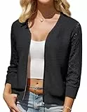 GRACE KARIN Damen V-Ausschnitt Strickjacke Spitze Patchwork 3/4 Ärmel Reißverschluss Cardigan L Schwarz