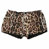 Generisch Pailletten Hose Kurz Damen Leoprint Hotpants Sexy Low Waist Shorts Elastische Taille Pailettenhose Kurze Sommerhose Glitzer Glänzend Shorts Tanz Rave Party Outfits Karneval Kostüm 2025