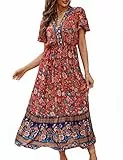 Clearlove Damen Sommerkleid Boho Kurzarm Midi Kleider V-Ausschnitt Strandkleid lang Blumenkleid Rüschen Freizeitkleid mit Knöpfen (Verpackung MEHRWEG), Blumen-Rot, L