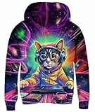 AIDEAONE Kinder Pullover Mädchen Hooded Pullover Children'3D DJ Cat Print Fleece Hoodie Jungen Tägliches Tragen Langarm Sweatshirt 6-7 Jahre L
