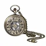 JewelryWe Taschenuhr mit Kette Herren Poker - Bronze Vintage Totenkopf Schädel Poker Hohle Openwork Design Taschenuhr Männer Analog Quarz Kettenuhr Antik Uhr mit Halskette Geschenk für Vater Opa