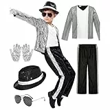Kinder Retro Pop Star Kostüm 5-teiliges Set Silberne Paillettenjacke Schwarze Hose Mit Hut Sonnenbrille Und Handschuhen Für Halloween Bühnenauftritt Und Mottoparty