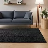 Interiyou Hochflor Teppich Sofia - 80x150 cm Schwarz - flauschig und einfarbig - waschbar und rutschfest - weicher Langflor