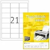TopStick 8699 Adressetiketten, 100 Blatt, 63,5 x 38,1 mm, 21 pro A4 Bogen, 2100 Stück, selbstklebend, bedruckbar, matt, blanko Papier Adressaufkleber Etiketten, weiß