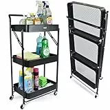deluxe4home® Servierwagen mit 3 Ebenen Klappbar I Servierwagen Küchenwagen mit Griff I Rollen mit Bremsen I Kleiner Nischenwagen Aufbewahrung und Mehrzweckwagen