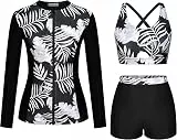 Kate Kasin Damen Bademode mit Blumenmuster 3 Teilig Rashguard Reißverschluss-Shirts Boyshort Sonnenschutz Wassersport Tankini Set zum Surfen Schwimmen Schwarz-Weiß-Blätter M