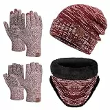 Maylisacc 4Pcs Winter Mütze Hut Loop Schal und Gestrickte Touchscreen Handschuhe & Fingerlose Handschuhe Warme Beanie Mütze Winter Set für Frauen Männer Red