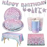 100 Stück Meerjungfrau Geburtstag Deko Meerjungfrau Partygeschirr Set Meerjungfrau Party Teller Becher Servietten Tischdecke Banner Tortendeko Meerjungfrau Deko Kindergeburtstag（16 Gäste）
