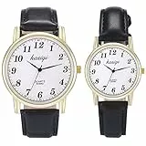 JewelryWe Paar Uhren Analog Quarz Partner Freundschafts Armbanduhr Klassische Einfache Leder Armband Pärchen Uhr für Herren Damen Schwarz