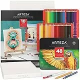 Arteza Aquarell Set mit 48 Aquarell-Buntstiften, Aquarellstifte Set und faltbarer Leinwandblock, Malset für Erwachsene, Künstlerbedarf für Kinder, Profis und Hobbymaler, 48 Farben