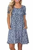 Bequemer Laden Damen Sommer Tshirt Kleid Locker Rundhals Kurzarm Midi Kleider Elegant Blumen Sommerkleid Knielang Strandkleid Lässig Midikleid Freizeitkleid mit Taschen, B Orange Blau Blume, XXL
