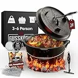 GUSSKÖNIG Essential Line Dutch Oven Set [für 3–6 Personen] – 5,5L Topf & 1,5L Deckel, eingebrannter Feuertopf mit Füßen, inkl. Deckelheber, Ringreiniger, Pflegepaste & Rezeptbuch – 30 Jahre Garantie