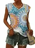 WNEEDU T-Shirt Damen Sommer V Ausschnitt Tank Top Locker Bluse Oberteile Top Sommer Damen Leicht und Luftig mit Flügelärmeln Blumengrün L