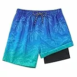 Dancinova Badehose Jungen Badeshort Kinder Kompression Liner Badeshorts Schnelltrocknend Schwimmhose mit Boxershorts Liner Kokosnussbaum, 16-18 Jahre