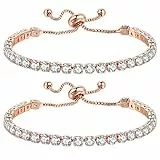 JewelryWe 2 Stück Armband Damen mit Zirkonia Steinchen, Tennisarmband Armkette Armreif Armschmuck Geschenk für Mutter, Freundin Verstellbar Rosegold