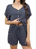 Reliwel Schlafanzug Damen Kurz Baumwolle Pyjama Sommer Kurzarm Sleepshirt mit Knöpfe Shorty Loungewear Zweiteiliger Nachtwäsche mit Taschen Dunkelblau, L