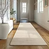 SIMPEX Läufer Teppich Creme 80x250 cm Kurzflor Teppich Waschbar, weich & rutschfest, modernes einfarbiges Design für Schlafzimmer, Küche & Flur