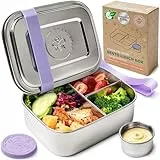 Everusely - Bento Box - Lavendel - 0,8 L - Edelstahl-Lunchbox mit auslaufsicherem Gewürzbehälter - Snack-Organizer mit 3 Fächern