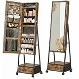 SONGMICS Standspiegel, Schmuckschrank, Ganzkörperspiegel, Spiegelschrank, abschließbarer Schmuck-Organizer mit Schublade, Rollen, Geschenkidee, vintagebraun-schwarz JJC004X01